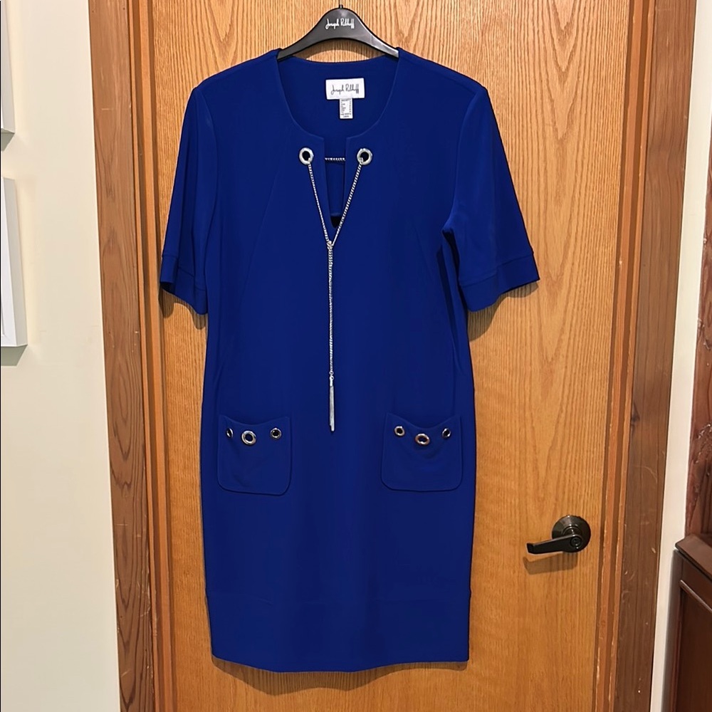 Joseph Ribkoff Blue Sheath Midi Dress Short Sleeve Crew Neck
